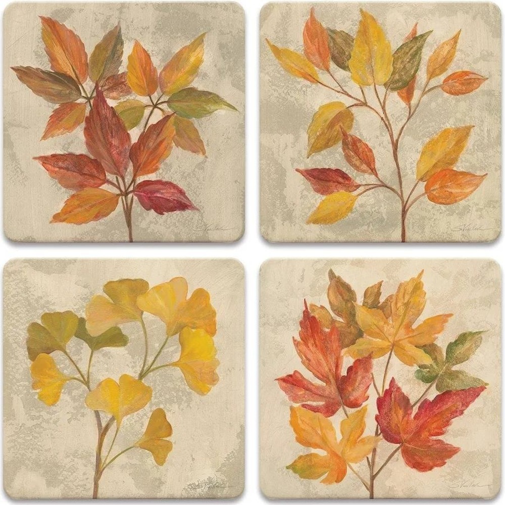 CoasterStone Stone Coasters Set of 4 Orange Yellow Fall Leaves NEW Maple Gingko